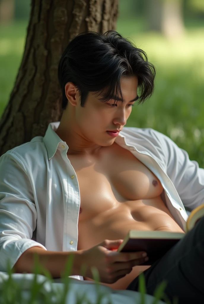 photorealistic, best quality, masterpiece, extremely detailed, sexy, homoerotic, extremely handsome, 30 year old muscular korean man, fair skin, (((muscular bodybuilder))), (((massive thighs))), wearing unbuttoned shirt, lying down under a tree, reading a book, smiling, extremely romantic atmosphere, perfect face, perfect fingers, perfect hands, perfection