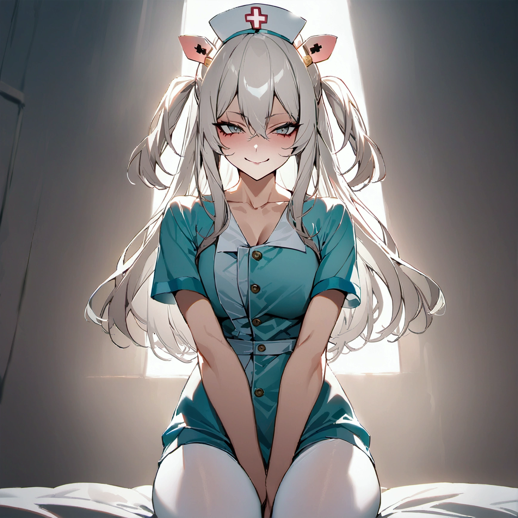 NSFW,masterpiece,Highest quality,High resolution,Super detailed,Shishirabotan\(Hololive\),Long Hair、Two Side Up,(((simple nurse costume))),on bed,evil smile,thigh,white pantyhose