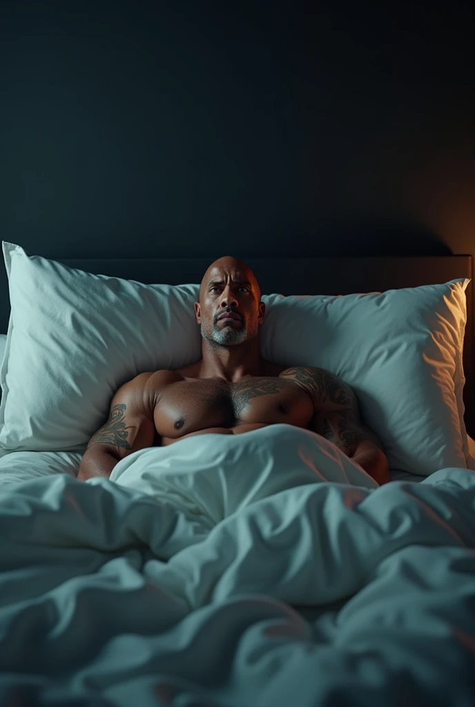 Generate an image of Dwayne Johnson waking up at 3 am:00am