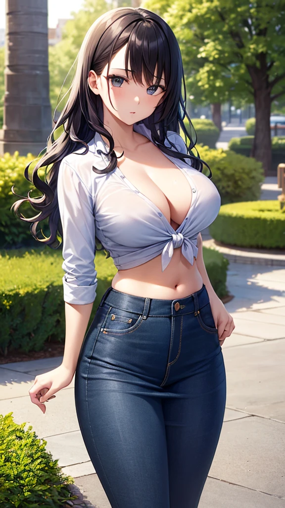 masterpiece, best quality, high detail, beautiful woman, wavy hair, dark blue hair, white t-shirt tied, unbuttoned jean jacket, black midi pencil skirt, long black pencil skirt, sneakers, midriff, belly button, upper body view, looking at viewer, wide eyed, garden, park, tree, walking, 