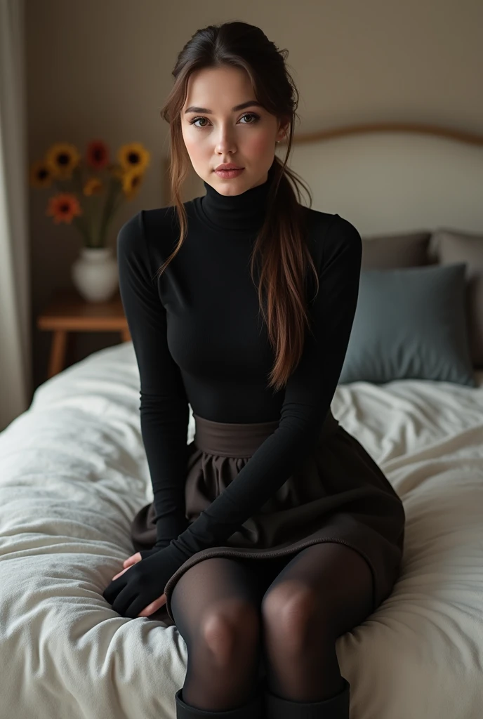 dark brown hair color、hair pulled back、ponytail、cute face、 she wears a turtleneck and a skirt.、black pantyhose、sitting on bededge、wearing black boots、adult german woman、full body portrait、indoor.、