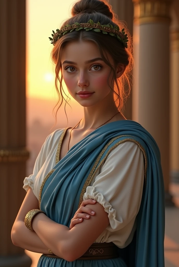 Front view , looking at camera , 1 century, Empire of Roman girl, 1 girl is 26 age old, (Light brown hair, middle hair , wince, brown eyes, beautiful lip, olive leaf tiara, little smile), (big breasts, slender whist, wide hip) ,(wearing White an ancient Roman imperial tunic), (Blue Toga:1.5),((leather Sandal)), in Palace, in Roman, standing pose, sunset, textured skin , HI detailed skin, 4 fingers and 1 thumb, (foreshortening, Canon, UHD, anatomically correct, super detail, high details, highness,