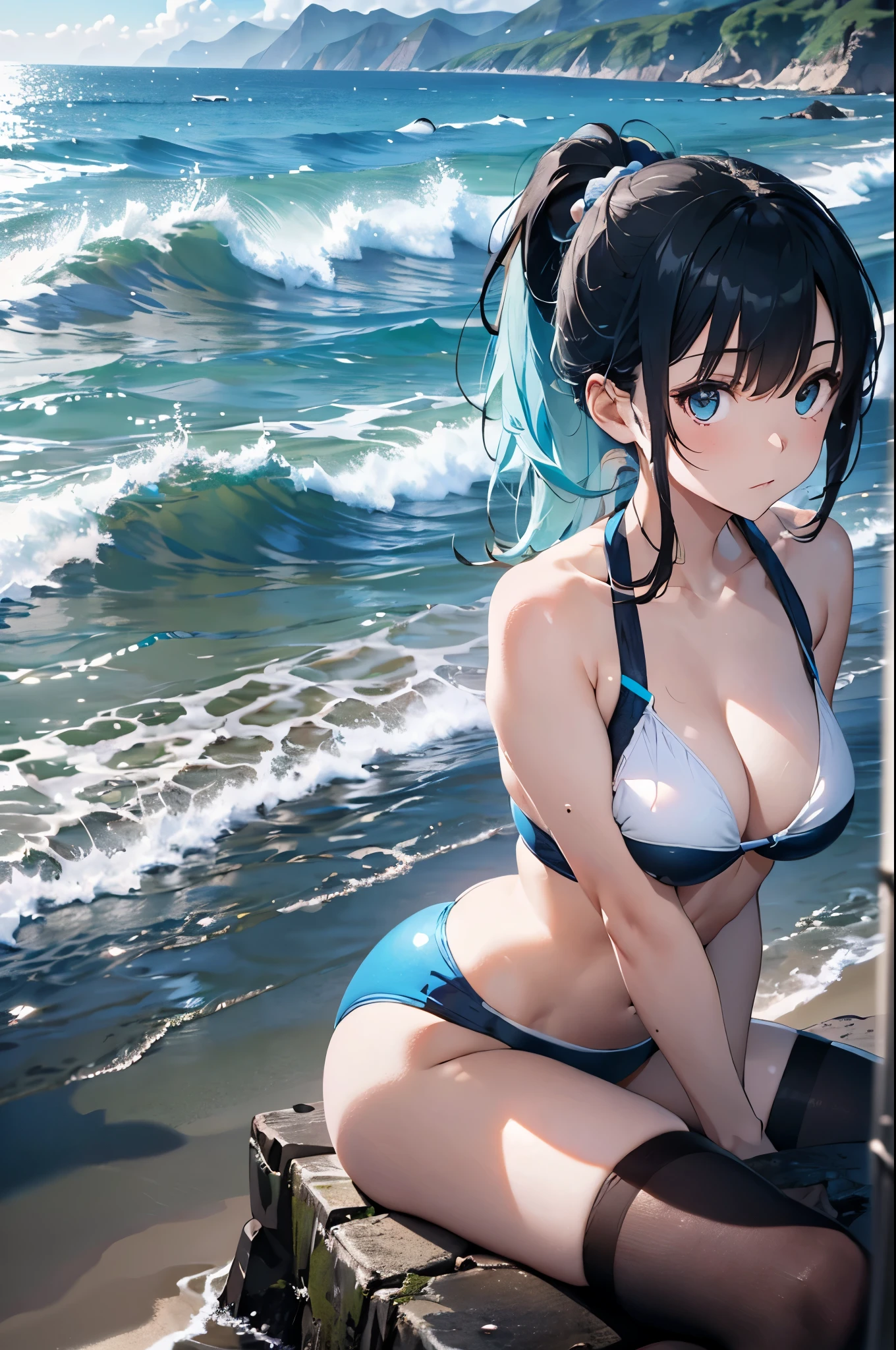 4K,8k,High resolution,topless、
One beautiful young woman,Light blue hair、ponytail、Blue swimsuit、
(Soft Saturation:1.3), (Fair skin:1.2),
(ultra-Detailed Background, Detailed Background), Bokeh,
break'Smiling portrait.,
When viewed from the front, The composition is symmetrical,
Looking straight at you with serious eyes,
break Swimwear, White Bikini, Center of chest,
Outdoor, Sea surface, null, sunlight,Summer beach, Sandy Beach,
Strong light, Front lighting,
(:1.3), (Cowboy Shot:1.2),
Front brake angle,
View your viewers,
Dynamic pose,
sitting on the beach
Seaweed、Seaweed、Seaweed、Seaweed、Seaweed、Seaweed、Seaweed、