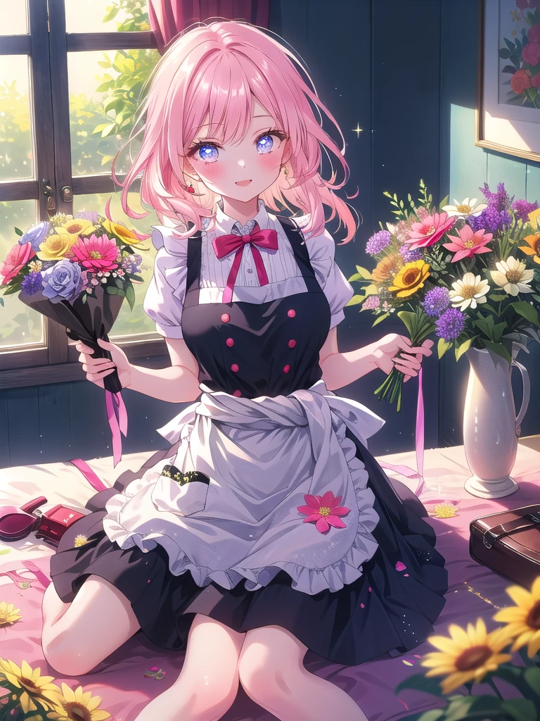 ((8k, Highest quality, masterpiece: 1.3)),Ultra-high resolution,(1 girl, alone), (Color changing eyes, Ultra-detailed, Expressive brilliance, Glitter, Glowing Eyes), Highly detailed eyes, Highly detailed face, Random Hair, ((pastel colour)),A cheerful young woman with pastel pink hair styled into loose waves, sitting on the floor of her brightly lit bedroom during a sunny morning. She is dressed in a cute yet subtly sexy flower shop assistant cosplay, wearing a simple sundress with a floral print and an apron tied around her waist. The camera captures her from a slightly elevated angle as she smiles warmly while arranging a bouquet of flowers, her expression full of care and creativity. The room is bathed in natural sunlight, with vases of fresh flowers on a nearby table, a few gardening tools scattered around, and a fragrant, blooming atmosphere, (nsfw:1.2)