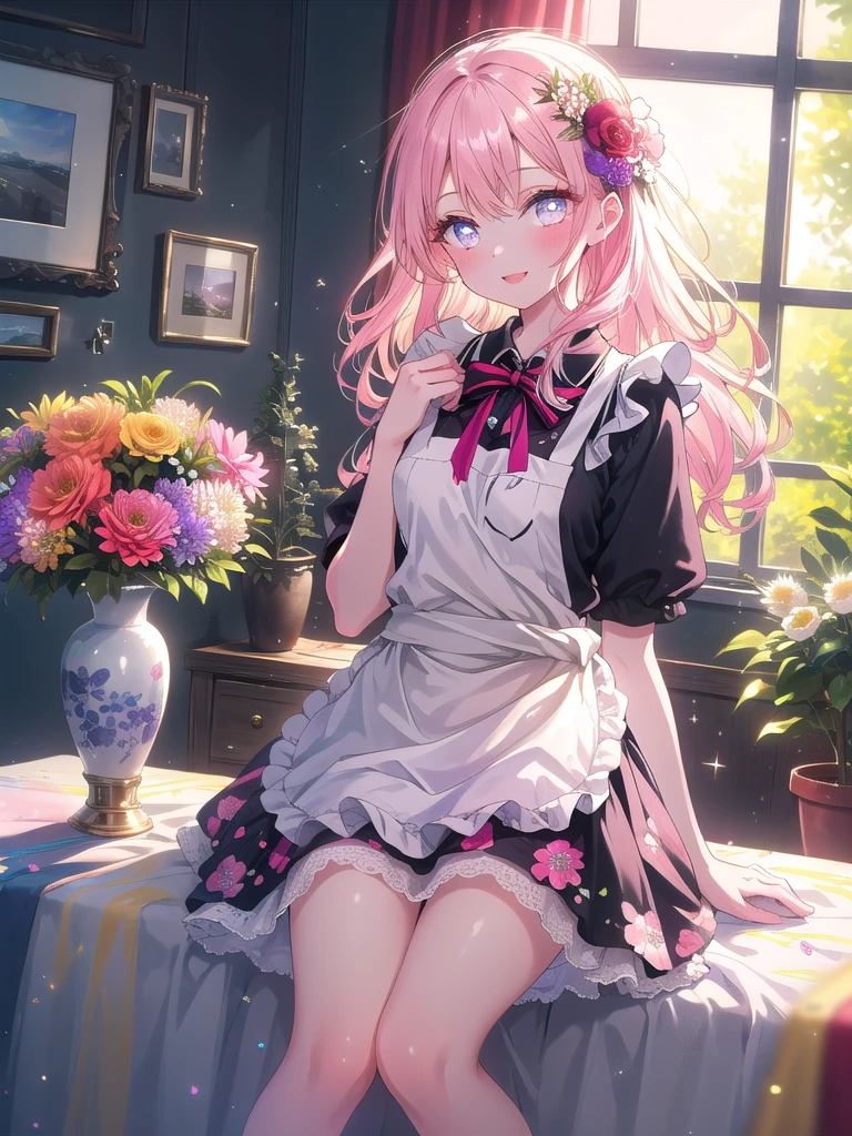 ((8k, Highest quality, masterpiece: 1.3)),Ultra-high resolution,(1 girl, alone), (Color changing eyes, Ultra-detailed, Expressive brilliance, Glitter, Glowing Eyes), Highly detailed eyes, Highly detailed face, Random Hair, ((pastel colour)),A cheerful young woman with pastel pink hair styled into loose waves, sitting on the floor of her brightly lit bedroom during a sunny morning. She is dressed in a cute yet subtly sexy flower shop assistant cosplay, wearing a simple sundress with a floral print and an apron tied around her waist. The camera captures her from a slightly elevated angle as she smiles warmly while arranging a bouquet of flowers, her expression full of care and creativity. The room is bathed in natural sunlight, with vases of fresh flowers on a nearby table, a few gardening tools scattered around, and a fragrant, blooming atmosphere, (nsfw:1.2)