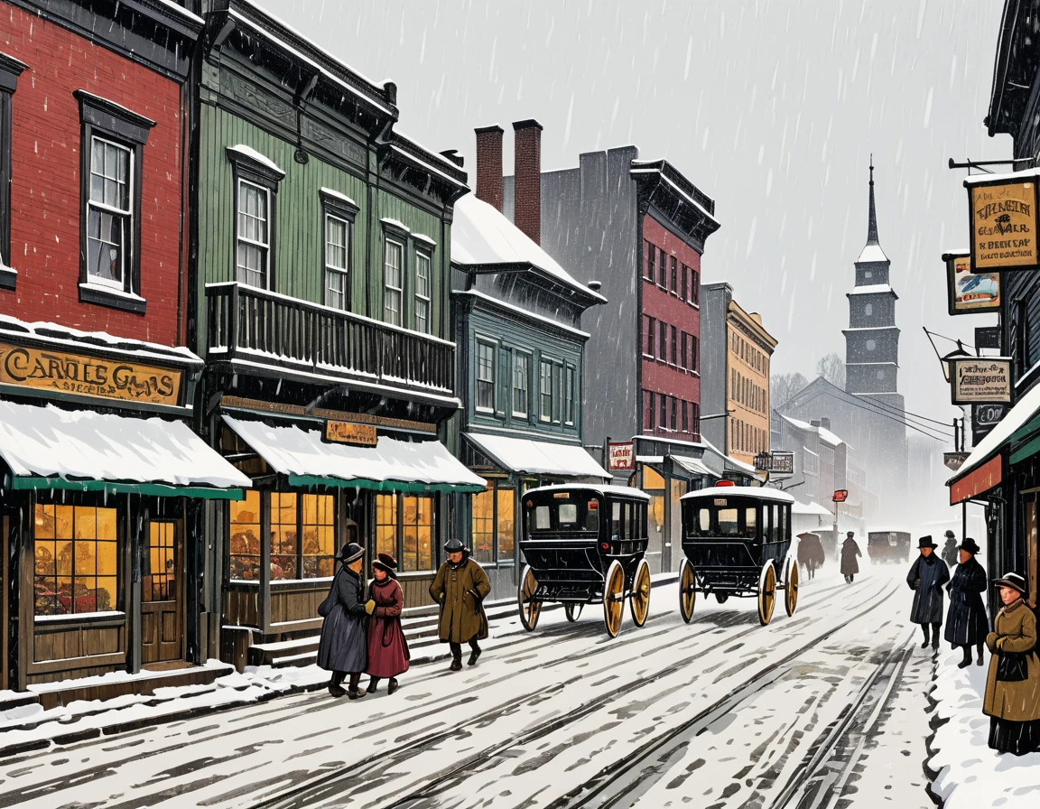 Rough hand-carved woodcut, heavily snowing day, buildings, carriages, store signs, passersby, good old-fashioned images, color, highest image quality.