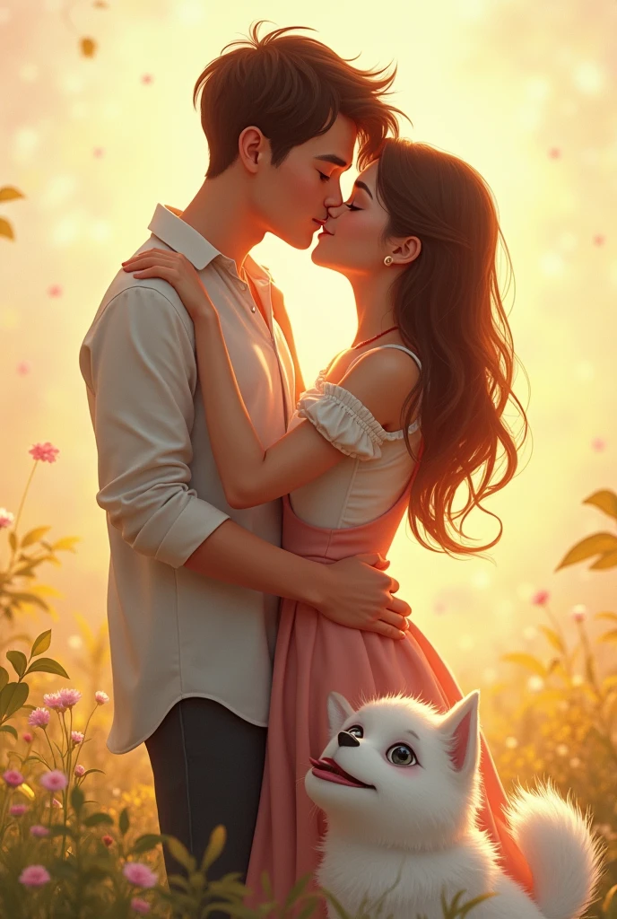 Young couple in love kissing and a white fluffy dog below them, cheered up