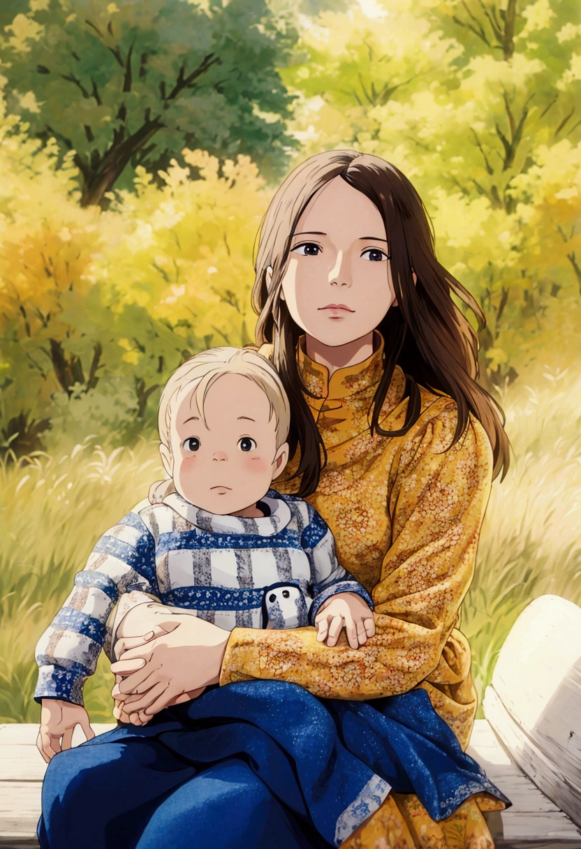 ghibli style, a woman and a baby are sitting on a bench in a field, jamie coreth, an beautiful, photo of a beautiful, avatar image, ( ( emma lindstrom ) ), marketing photo, portrait image, vannessa ives, professional image, profile pic, stylized photo, joanna gaines, profile image, full protrait, by Kristin Nelson, kailee mandel