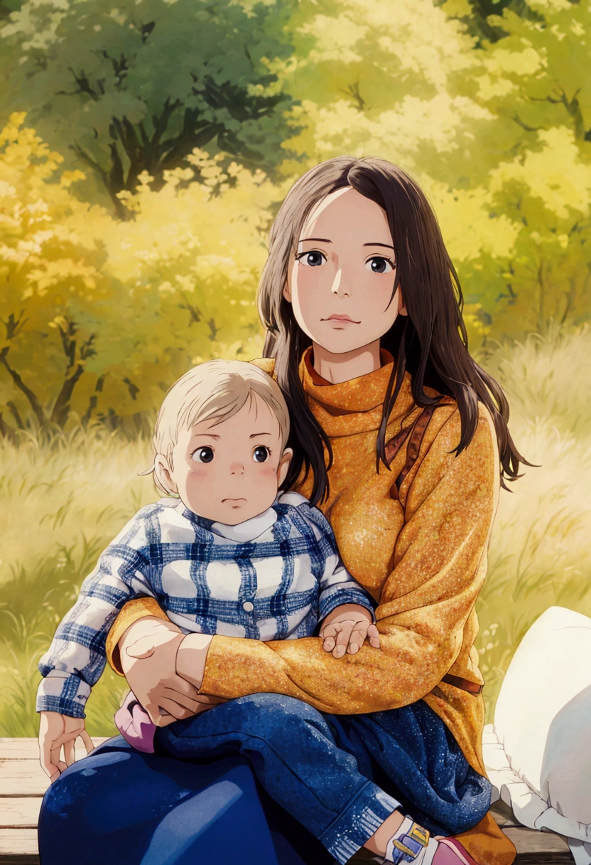 ghibli style, a woman and a baby are sitting on a bench in a field, jamie coreth, an beautiful, photo of a beautiful, avatar image, ( ( emma lindstrom ) ), marketing photo, portrait image, vannessa ives, professional image, profile pic, stylized photo, joanna gaines, profile image, full protrait, by Kristin Nelson, kailee mandel
