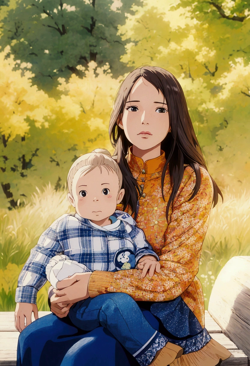 ghibli style, a woman and a baby are sitting on a bench in a field, jamie coreth, an beautiful, photo of a beautiful, avatar image, ( ( emma lindstrom ) ), marketing photo, portrait image, vannessa ives, professional image, profile pic, stylized photo, joanna gaines, profile image, full protrait, by Kristin Nelson, kailee mandel