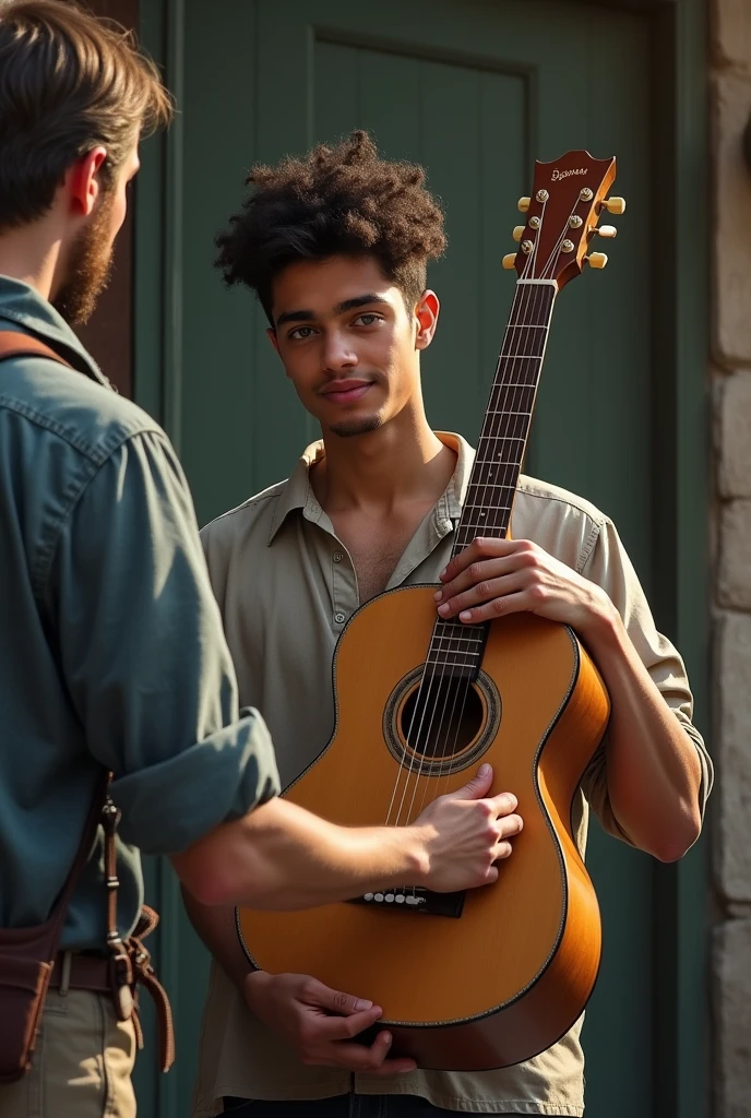 A young man hands his guitar to a merchant. The scene shows the sadness and resignation of the protagonist, Who is holding the guitar with both hands, while the merchant extends his to receive it. The protagonist's expression should reflect his emotional attachment to the instrument.