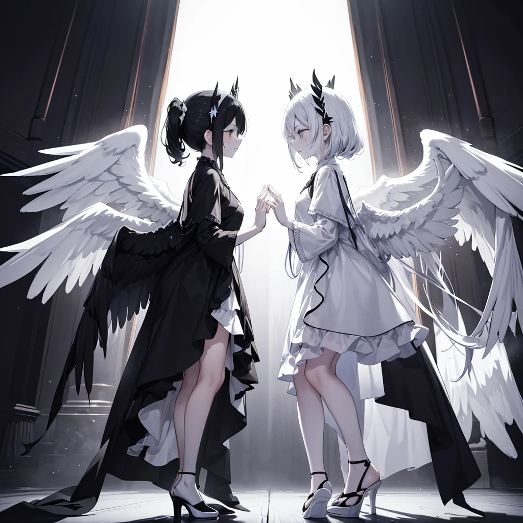 Two Women,Very white skin,Transparent((Facing each other,Put your hands together)) background((Center Part,Black and White,1：1)) Two Symmetrical Figures,Black and White Winged Archangel,Facing each other,Mirror-Accurate Black Miasma,Dark Side Holy Light,Light Side Parallel World,Anime Style Despair and Happiness