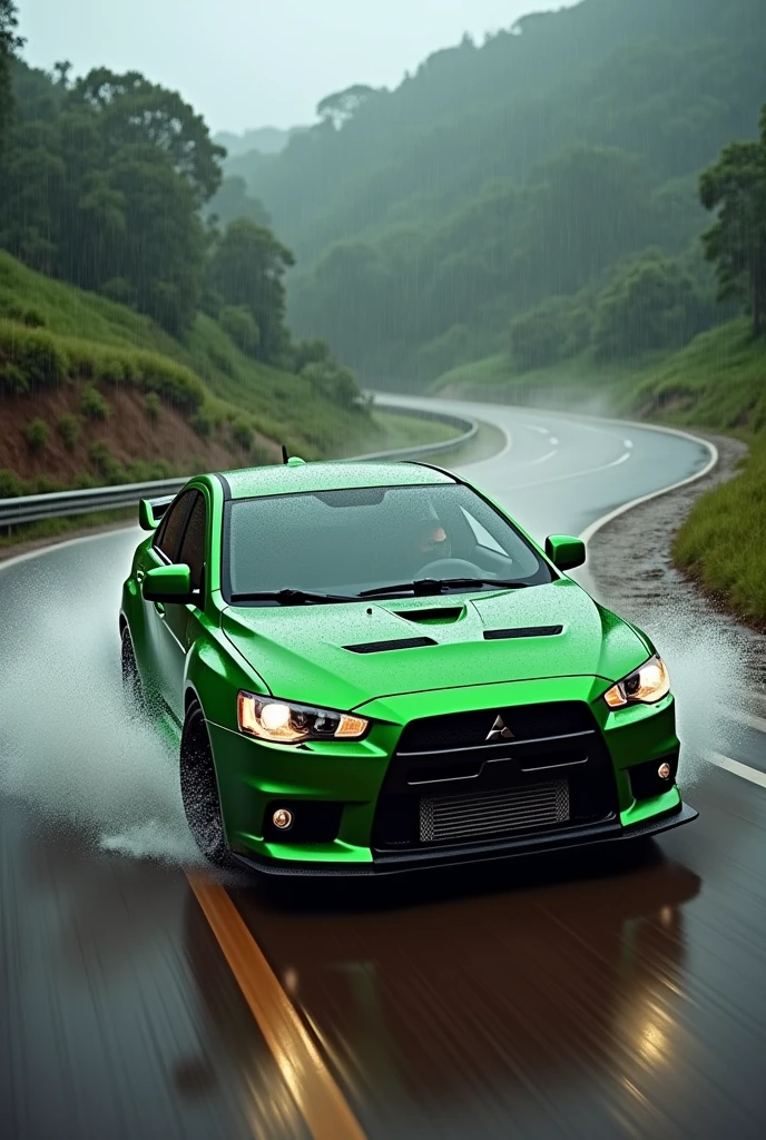 Marcelo in a green Mitsubishi Lancer Evo X on the Brazilian road while it's raining lightly