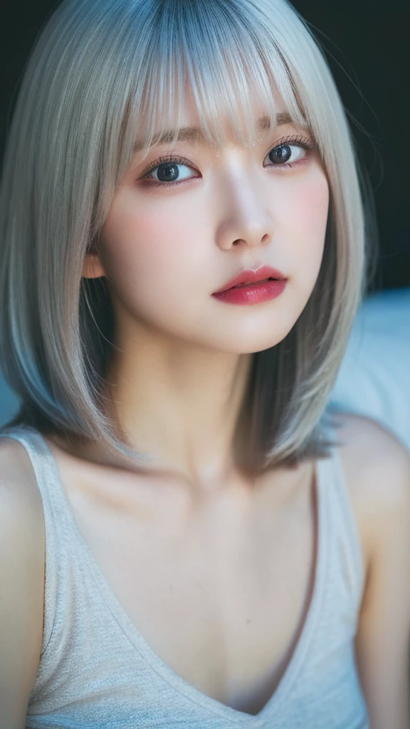 ((masterpiece, Highest quality, High resolution)), 1 Japanese girl, (Realistic: 1.4), excited、Great face,Glossy lips、30 years old, Silver Hair、Silver Hair、short hair, Silver Hair、(Beautiful Hair:1.5), mini skirt、Beautiful legs、Lie down on the bed、Staring、Angle from the front, Smooth, Highly detailed CG composite 8K wallpaper, High resolution RAW color photos, Professional photography, Light, BackLight, dream-like, impressive, Written boundary depth, (Face close-up:1.5)
Cute summer clothes
Full body photography
Large Breasts, Character portrait, Overlooking, Anatomically correct, Textured skin, accurate,