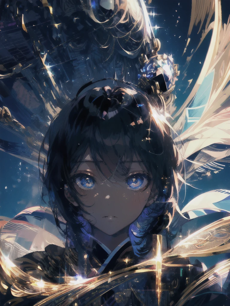 黒い剣を持ってください、((masterpiece, highest quality, Super detailed, High resolution)), alone, beautiful girl, shining eyes, perfect eyes, 15 years old, black white gold theme,