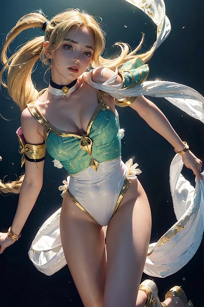 (sailor moon), White and golden tones wet outfit tigh, transparent glowing skirt:1.7, braless, with border golden stripe upper strapped, elemental_mage, (blonde twintail hair), leg oppened:1.6 and lifted, forehead v style gemstone_tiara, [ holding green floatin orb_of_power:10], diamond falling, iridescent ([choker:magical trim:0.4]:1.7) radiating on ([elemental pauldron:spellbound shoulder:0.4]:1.5), forehead, channeling, prismatic eyes, floating_island, short elemental_staff, [ombre, elemental_braid:0.1], [gloves high, magical_grimoire, enchanted_skirt plisada:0.4],long white cape, one leg lifted, in action. (Open legs:1.4), golden border on shoulders and heels.
(__views__:1.2),
__body-parts__,
Expressive Hues, Vibrant Palette,Dynamic Brushwork,sharp focus,
