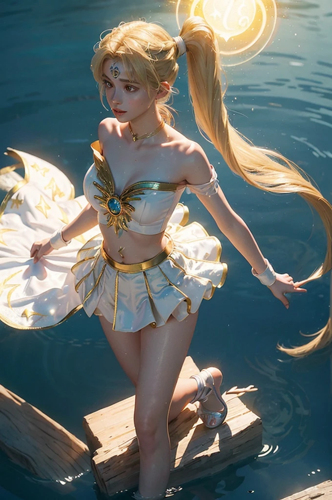 (sailor moon), White and golden tones wet outfit tigh, transparent glowing skirt:1.7, braless, with border golden stripe upper strapped, elemental_mage, (blonde twintail hair), leg oppened:1.6 and lifted, forehead v style gemstone_tiara, [ holding green floatin orb_of_power:10], diamond falling, iridescent ([choker:magical trim:0.4]:1.7) radiating on ([elemental pauldron:spellbound shoulder:0.4]:1.5), forehead, channeling, prismatic eyes, floating_island, short elemental_staff, [ombre, elemental_braid:0.1], [gloves high, magical_grimoire, enchanted_skirt plisada:0.4],long white cape, one leg lifted, in action. (Open legs:1.4), golden border on shoulders and heels.
(__views__:1.2),
__body-parts__,
Expressive Hues, Vibrant Palette,Dynamic Brushwork,sharp focus,
