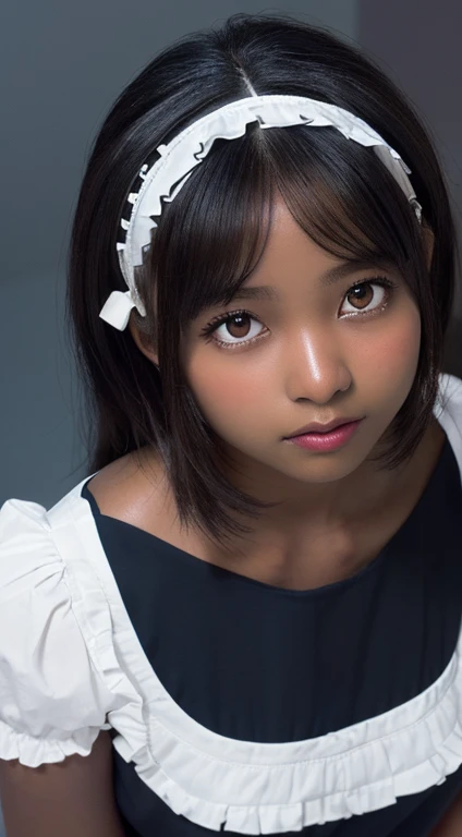 masutepiece, Best Quality, Illustration, Ultra-detailed, finely detail, hight resolution, 8K Wallpaper, Perfect dynamic composition, ((close up:1.3, from above, lookin at viewer)), Beautiful detailed eyes , (wearing Cotton Maid Costume, , Cute Ruffle Girl Dress, maid headband, color base on white black blue),(( dark skin:1.8 ))