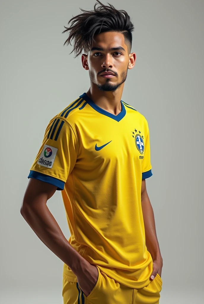 Soccer player boy, handsome player, Neymar's hair, Scrawny, Paquetá's goatee, Caucasian skin.