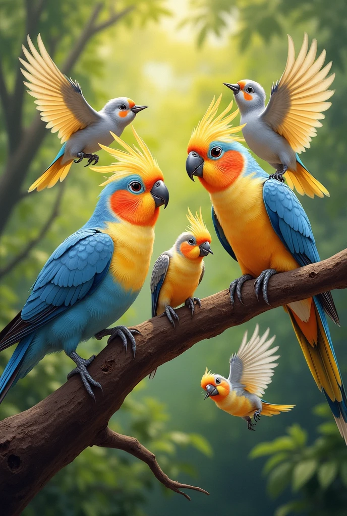 Now create a painting with 6 happy cockatiels in nature, being a couple of wild adults on a perch, 1 small male Harlequin chick with pearl and cinnamon markings with a yellow head flying, a small female wild species chick all grey flying, a small female flying harlequin chick with yellow colors ,grey and white on the wings, and a small female flying chick of the pearl cinnamon species with feathers in grey colors, White and yellow. Make everyone happy 