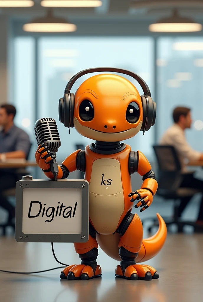 A robot salamander. Predominant Colors, orange, gris, black andwhite. Body color, orange. head, arms and legs, Use neutral colors, gris, black andwhite. She is holding a microphone in one hand. In the other hand she holds a large digital sign that reads "Digital". On the front of the word "Digital" there is the word "ks" handwritten. She wears black headphones. The setting is an office, In the background there are people sitting at tables and working. Your big eyes, black and white. He has a friendly and cheerful look.