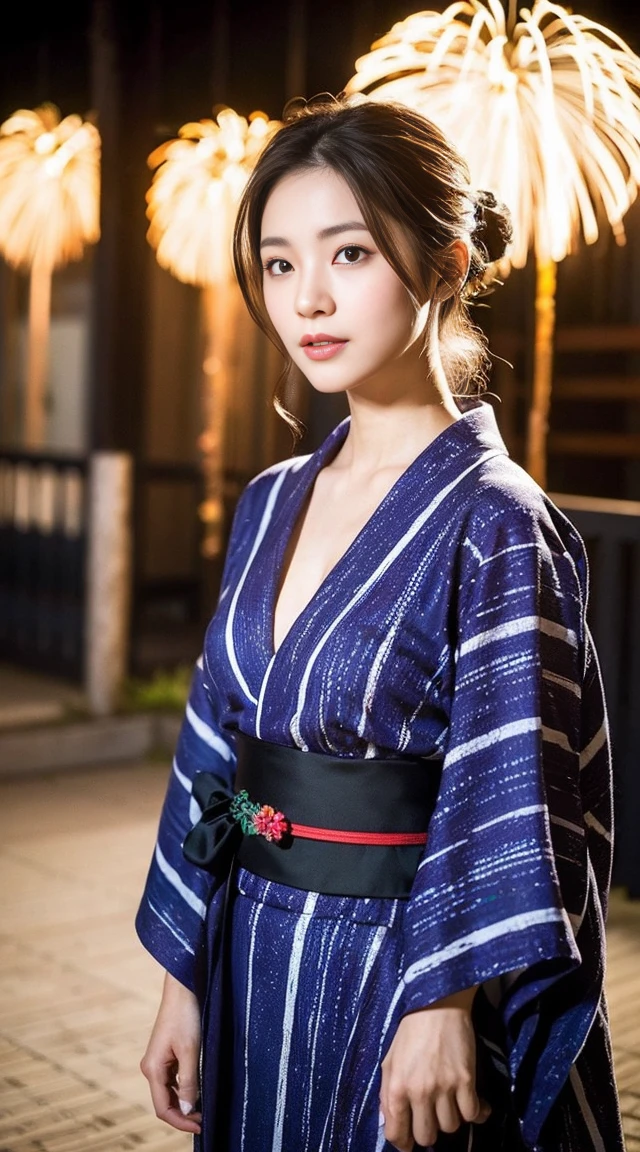 Dark brown hair、Light brown eyes、Japanese actress、 Lady、I am about 40 years old..、(Intricate details:1.2)、(Which is higher???:1.4)、 (Ultra-high resolution:1.2)、Ultra-high resolution、(Fine-tune)、(Detailed facial features)、Hmph、8k resolution、D cup size breasts、Long Hair、Hue、night、,Full body photo、firework、yukata、firework大会、日本のfirework、日本のyukata、band、Summer in Japan、Updo、Summer festival kimono、