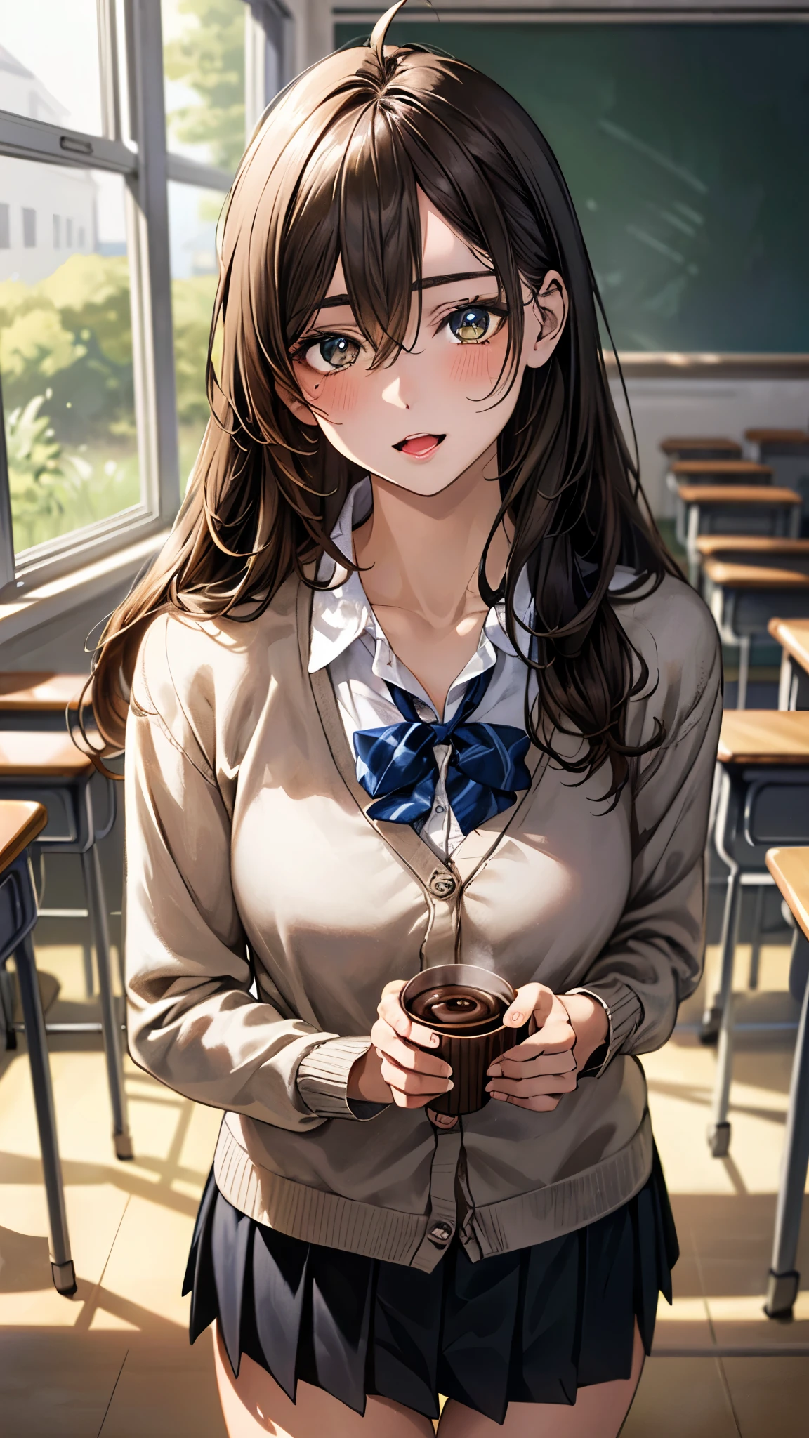 (masterpiece:1.3, top-quality, ultra high res, ultra detailed), (realistic, photorealistic:1.4), beautiful illustration, perfect lighting, natural lighting, colorful, depth of fields, surrealism,
beautiful detailed hair, beautiful detailed face, beautiful detailed eyes, beautiful clavicle, beautiful body, beautiful chest, beautiful thigh, beautiful legs, beautiful fingers,
looking at viewer, 1 girl, high school girl, (perfect anatomy, anatomically correct, super detailed skin), cute and symmetrical face, babyface, perfect face, perfect eyes, shiny skin,
(long hair, sideburns, straight hair, chocolate brown hair), ahoge, hair between eyes, blue-green eyes, big eyes, long eyelashes, (medium breasts, seductive thighs), slender, narrow waist,
(detailed cloth texture, break white collared shirt, break (long sleeve chocolate brown knit cardigan), break black pleated skirt), break
(beautiful scenery), noon, (school classroom:1.2), (drinking a cup of coffee in a pack, hands on the desk), (light smile, :o),