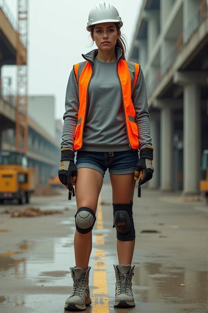 A female engineer dressed in a safety vest, long-sleeved shirt, and safety boots on one half of her body, and sneakers, shorts, a volleyball shirt, and knee pads on the other half.