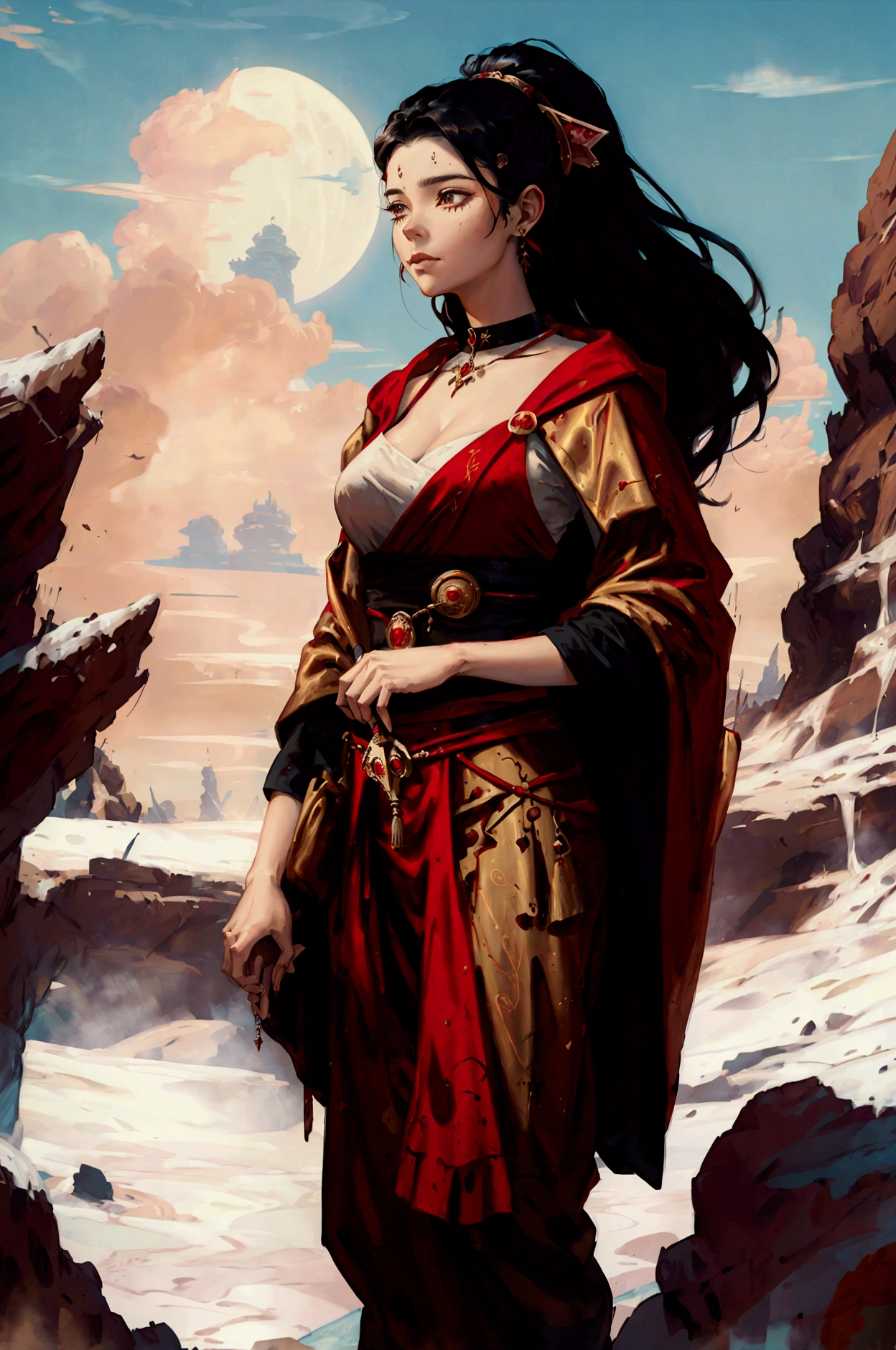A painting of a woman in red and gold robes standing in the desert, Carrying a walking stick,Alena Aenami and Artgerm, Artgerm Julie Bell Beeple, Beautiful character drawings, Character art by Charlie Bowter, Charlie Bowter: Rich and deep colors, Portrait of a female magician, Black-haired wizard, Then Martin artwork portrait, Then Martin