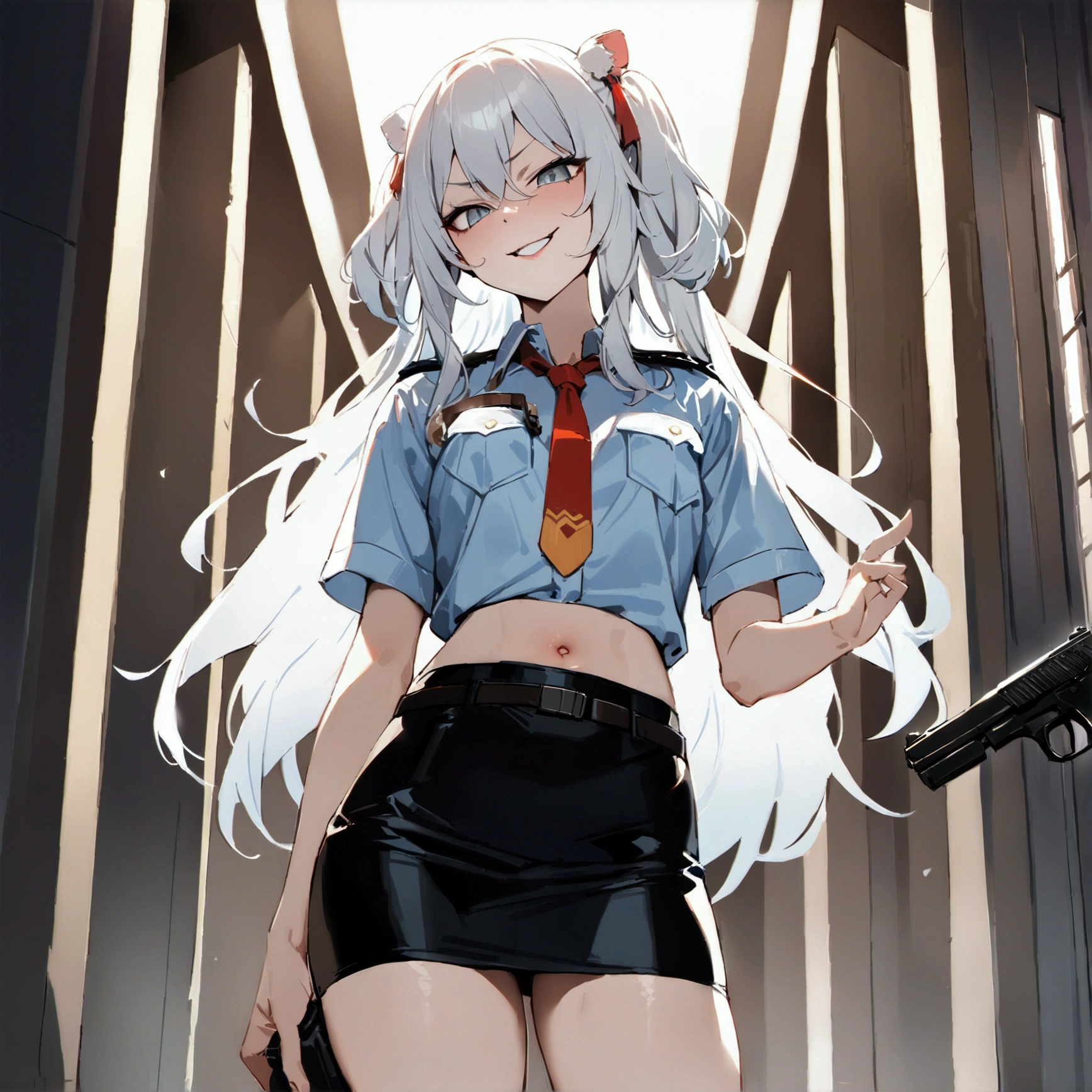 NSFW,masterpiece,Highest quality,High resolution,Super detailed,Shishirabotan\(Hololive\),Long Hair、Two Side Up,(((police costume))),navel,pencil skirt,evil smile,hanging guns,standing