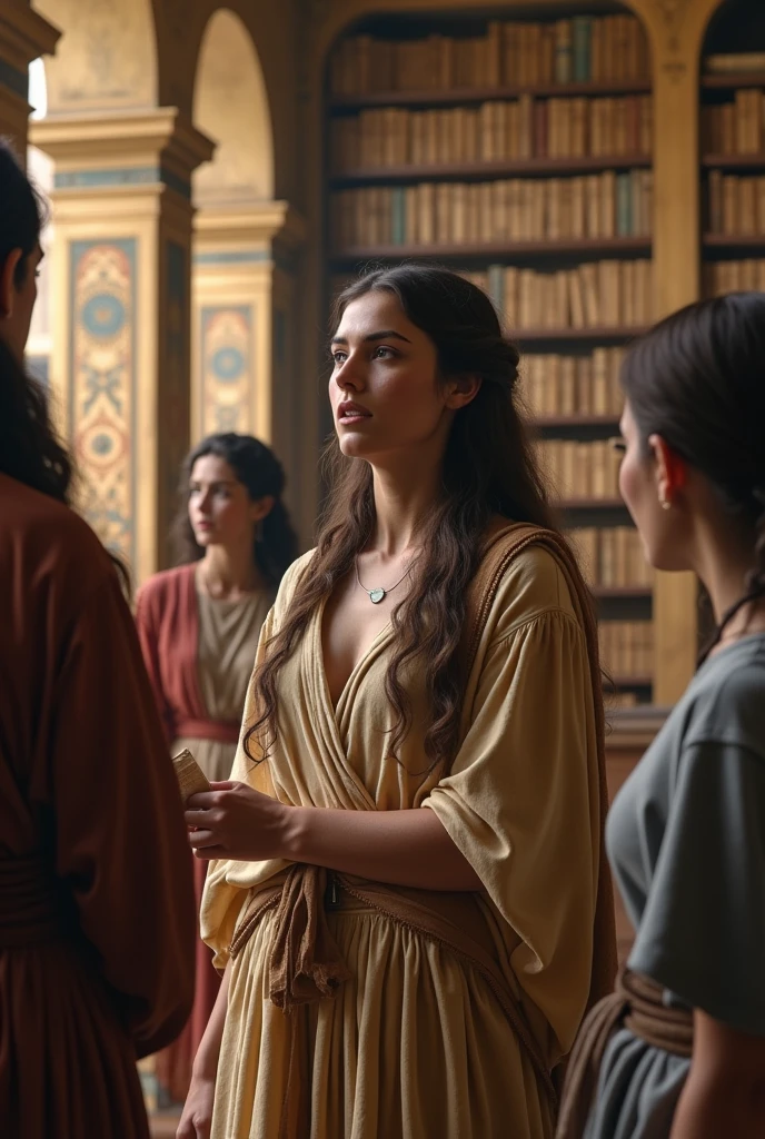  masterpiece, Hypatia, a renowned Neoplatonic philosopher, Astronomer, y mathematician, finds herself in the Great Library of Alexandria, around the year 395 AD.c.. This 18-year-old Roman woman, long black hair, intense blue eyes, Thin and thin body, small breasts, caderas estrechas, depicted with striking beauty, passionately engages with her students. Her demeanor reflects her profound intellect as she lectures on complex philosophical concepts.. The vast shelves of scrolls and the architectural grandeur of the Alexandrian library form the backdrop., emphasizing her academic environment, 16k, ultra high resolution.photorealistic, HD, cRUDO, natural light, wide angle