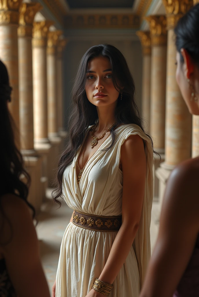 masterpiece, Hypatia, a renowned Neoplatonic philosopher, Astronomer, y mathematician, finds herself in the Great Library of Alexandria, around the year 395 AD.c.. This 18-year-old Roman woman, long black hair, intense blue eyes, Thin and thin body, small breasts, caderas estrechas, depicted with striking beauty, passionately engages with her students. Her demeanor reflects her profound intellect as she lectures on complex philosophical concepts.. The vast shelves of scrolls and the architectural grandeur of the Alexandrian library form the backdrop., emphasizing her academic environment, 16k, ultra high resolution.photorealistic, HD, cRUDO, natural light, wide angle
