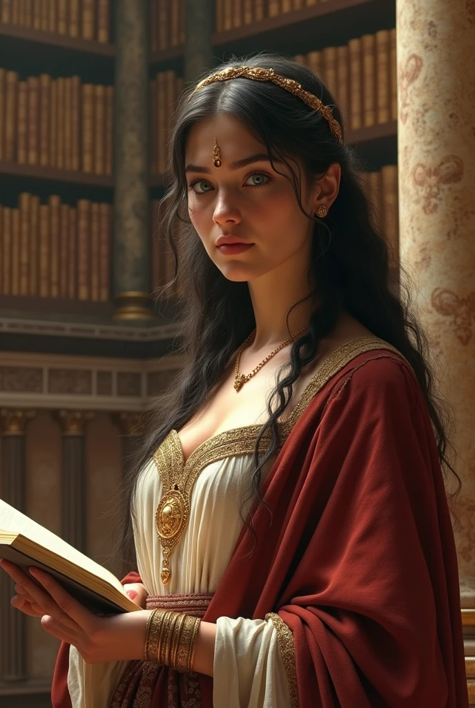 masterpiece, Hypatia, a renowned Neoplatonic philosopher, Astronomer, y mathematician, finds herself in the Great Library of Alexandria, around the year 395 AD.c.. This 18-year-old Roman woman, long black hair, intense blue eyes, Thin and thin body, small breasts, caderas estrechas, depicted with striking beauty, passionately engages with her students. Her demeanor reflects her profound intellect as she lectures on complex philosophical concepts.. The vast shelves of scrolls and the architectural grandeur of the Alexandrian library form the backdrop., emphasizing her academic environment, 16k, ultra high resolution.photorealistic, HD, cRUDO, natural light, wide angle