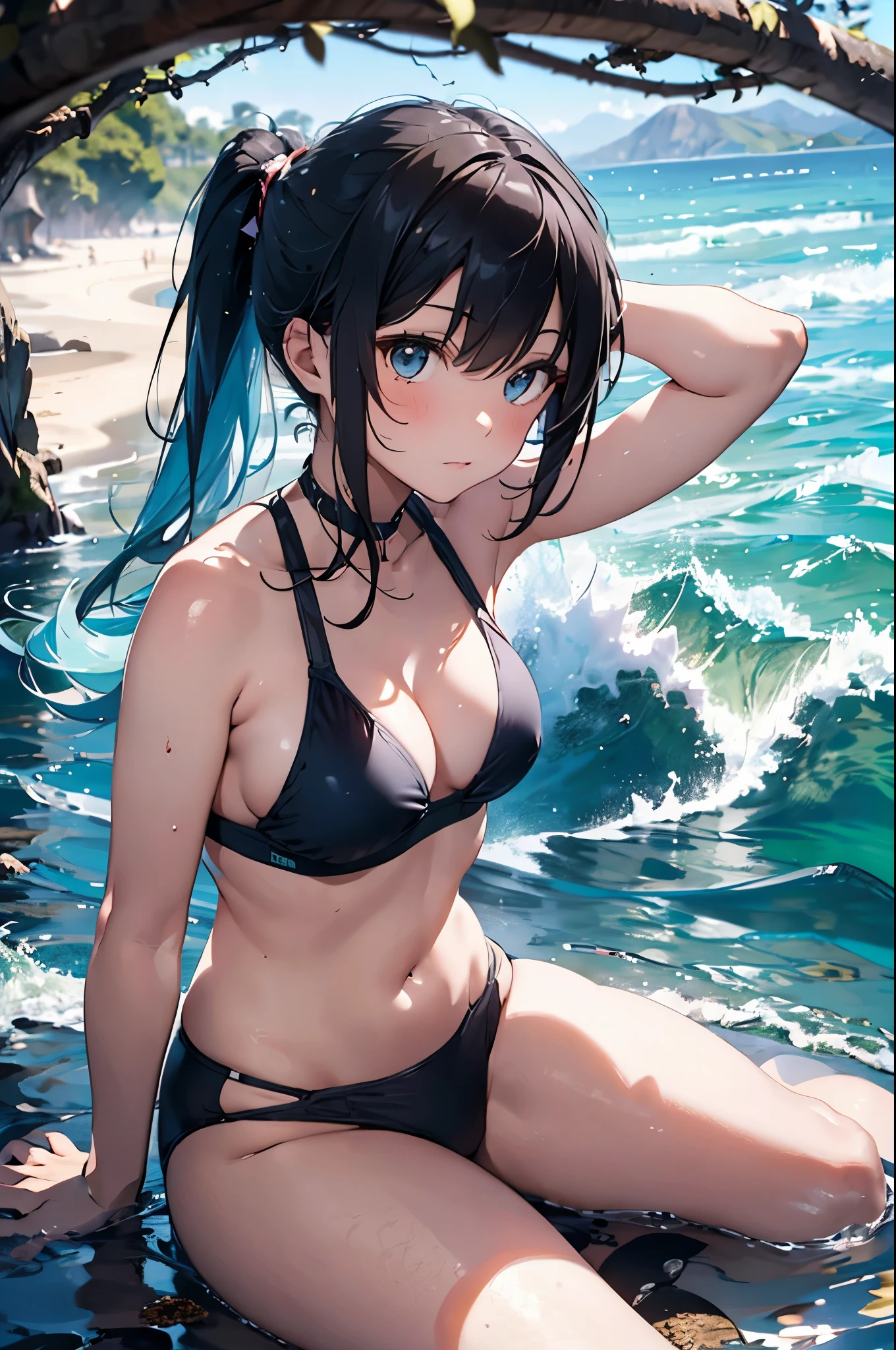 4K,8k,High resolution,topless、
One beautiful young woman,Light blue hair、ponytail、Blue swimsuit、
(Soft Saturation:1.3), (Fair skin:1.2),
(ultra-Detailed Background, Detailed Background), Bokeh,
break'Smiling portrait.,
When viewed from the front, The composition is symmetrical,
Looking straight at you with serious eyes,
break Swimwear, White Bikini, Center of chest,
Outdoor, Sea surface, null, sunlight,Summer beach, Sandy Beach,
Strong light, Front lighting,
(:1.3), (Cowboy Shot:1.2),
Front brake angle,
View your viewers,
Dynamic pose,
sitting on the beach
Seaweed、Seaweed、Seaweed、Seaweed、Seaweed、Seaweed、Seaweed、