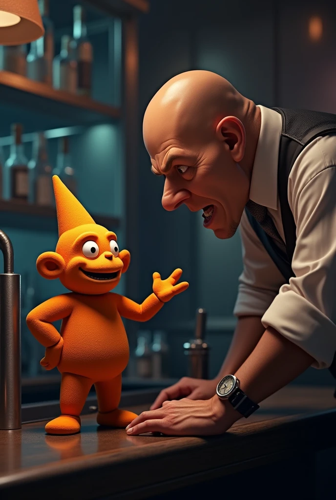 A bald bartender angry with an Oompa Loompa for having to make a cocktail..