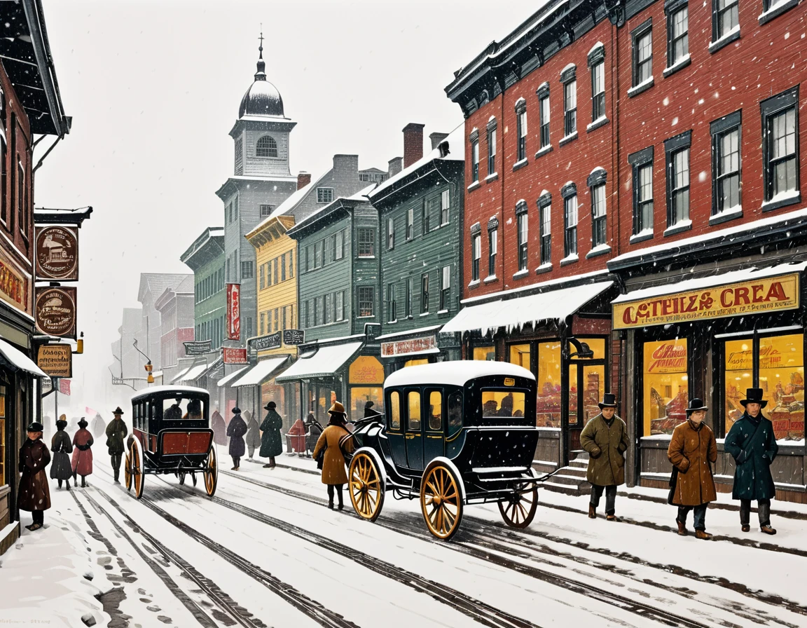 Rough hand-carved woodcut, heavily snowing day, buildings, carriages, store signs, passersby, good old-fashioned images, color, highest image quality.