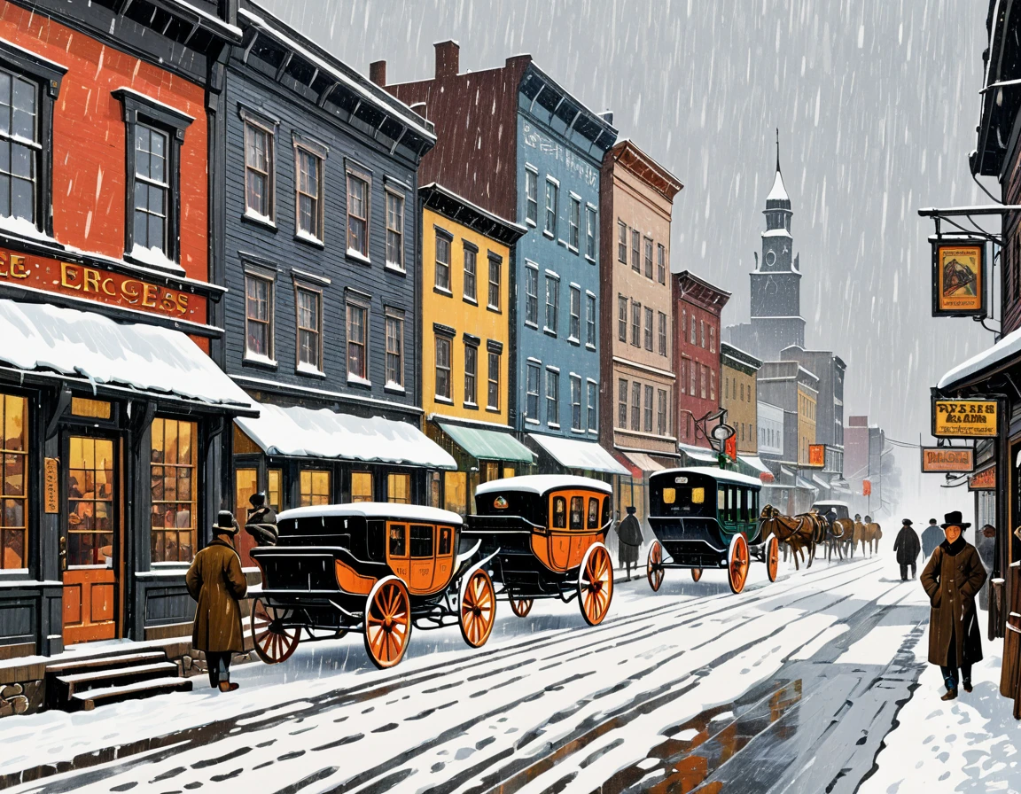 Rough hand-carved woodcut, heavily snowing day, buildings, carriages, store signs, passersby, good old-fashioned images, color, highest image quality.