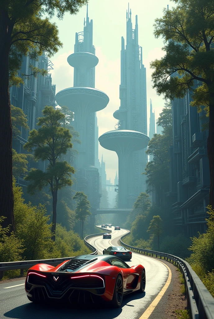 8k, hyper detailed, trippy and shapeshifting city landscape, realistic, Trippy futuristic sportcars driving in a washington highway, full of trees