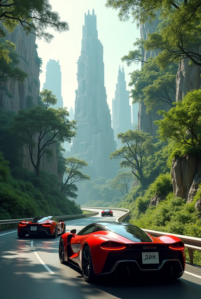 8k, hyper detailed, trippy and shapeshifting city landscape, realistic,  Trippy futuristic sportcars driving in a washington highway, full of trees


