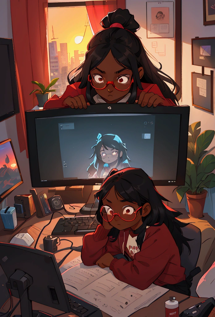 black female character, dark skinned, black girl, 30, long hair, brown eyes, blue light, wearing acne studio, typing at a computer red glasses, programmer, gamer, panoramic window view of neighborhood, sunset, luxury decor