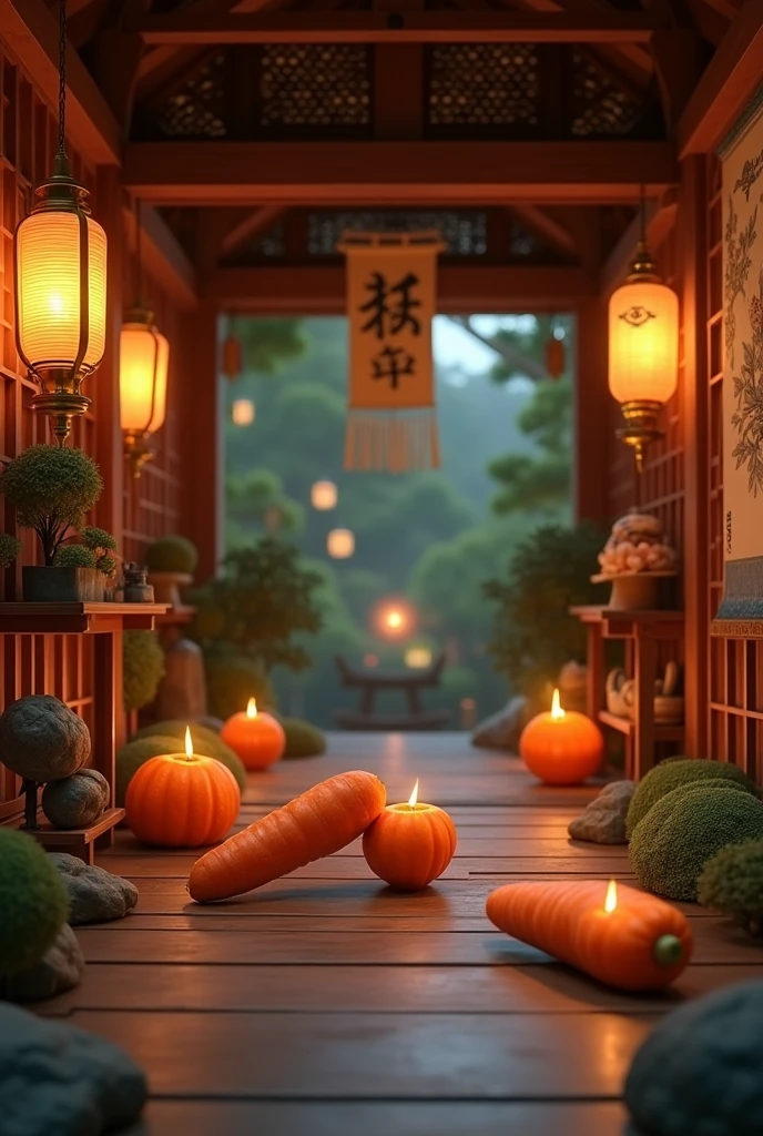 Japanese temple interior at night with carrots and shelves 