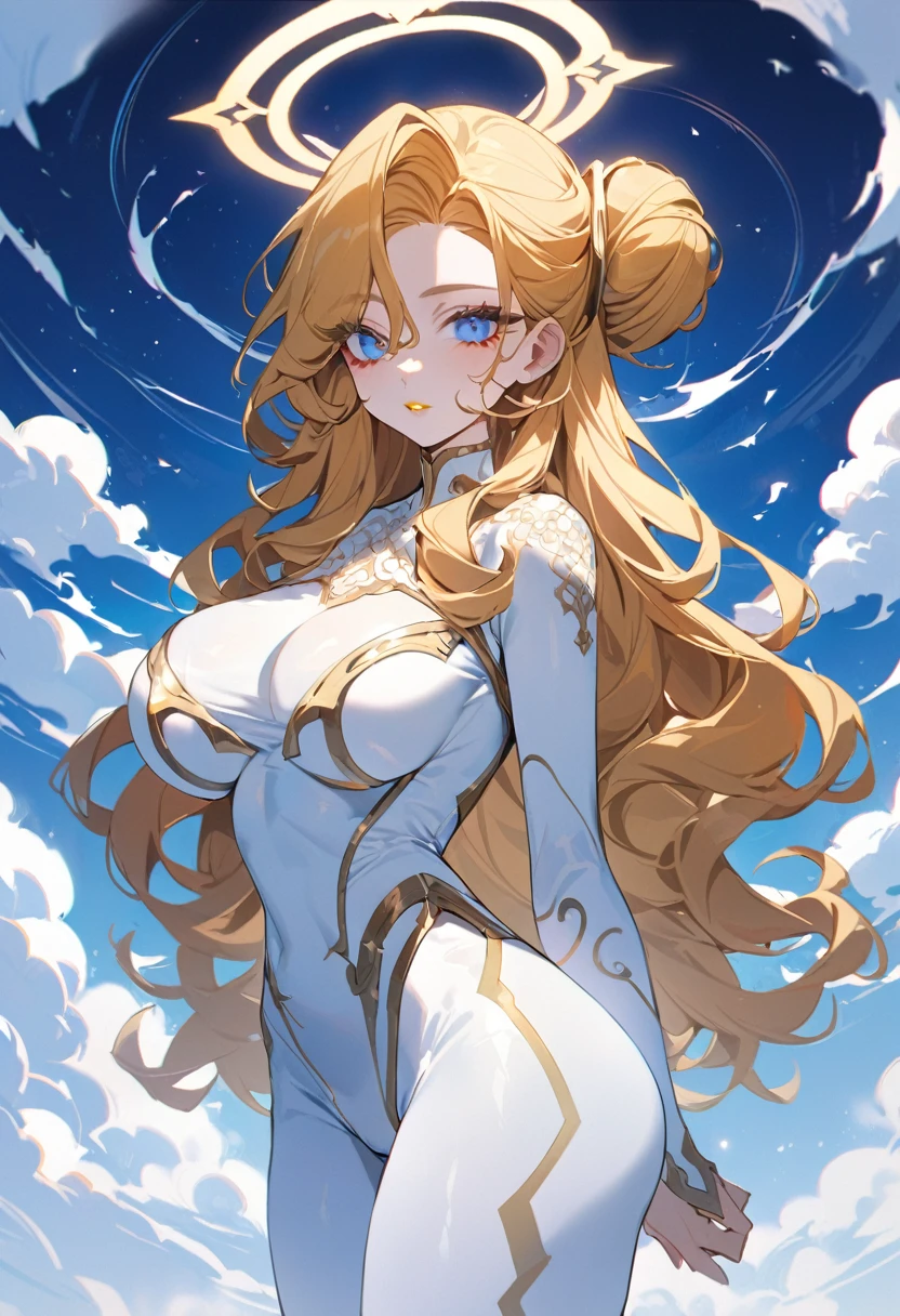 a woman with a halo. porcelain face. light makeup tall body large breasts and buttocks long curly hair and bun . celeste .blue eyes yellow lips. white tight lycra clothing on a cloud