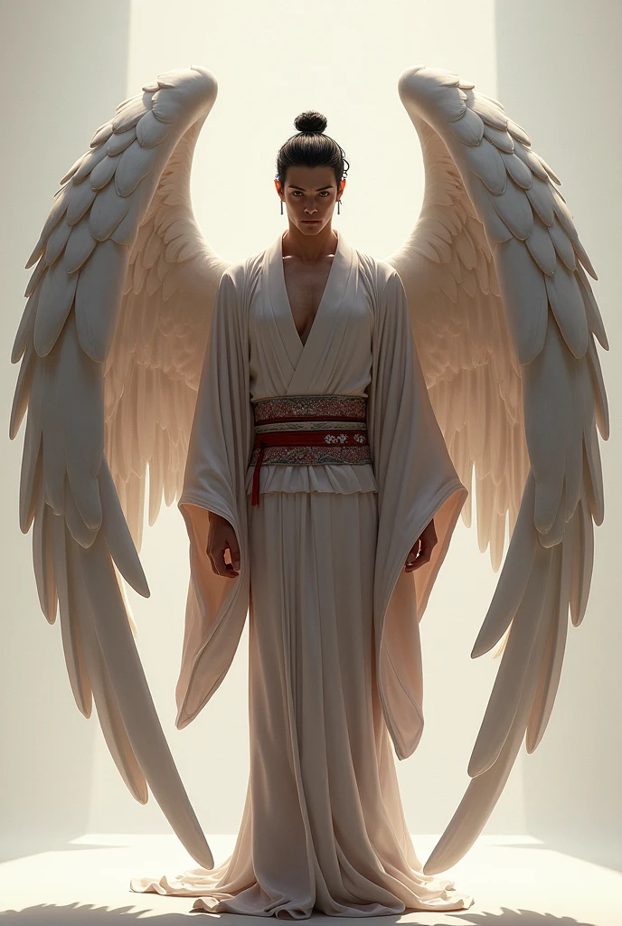 An elegant traditional Japanese kimono with a low back for a man with large angel wings to wear.. Realistic and showing the character's back