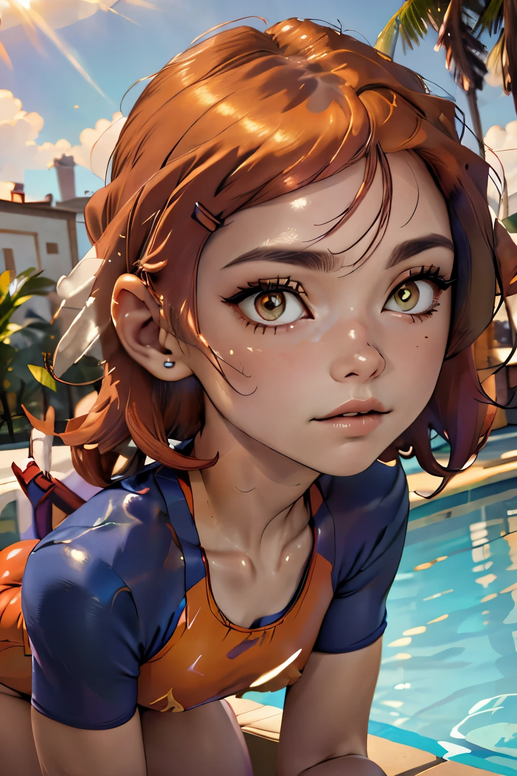 (best quality, masterpiece, colorful, dynamic angle, highest detailed)(gwendolyn tennyson),red hair,purple one-piece_swimsuit,outdoors,pool party,detailed,sunlight passing through hair,bokeh,(intricate details, hyperdetailed:1.15),