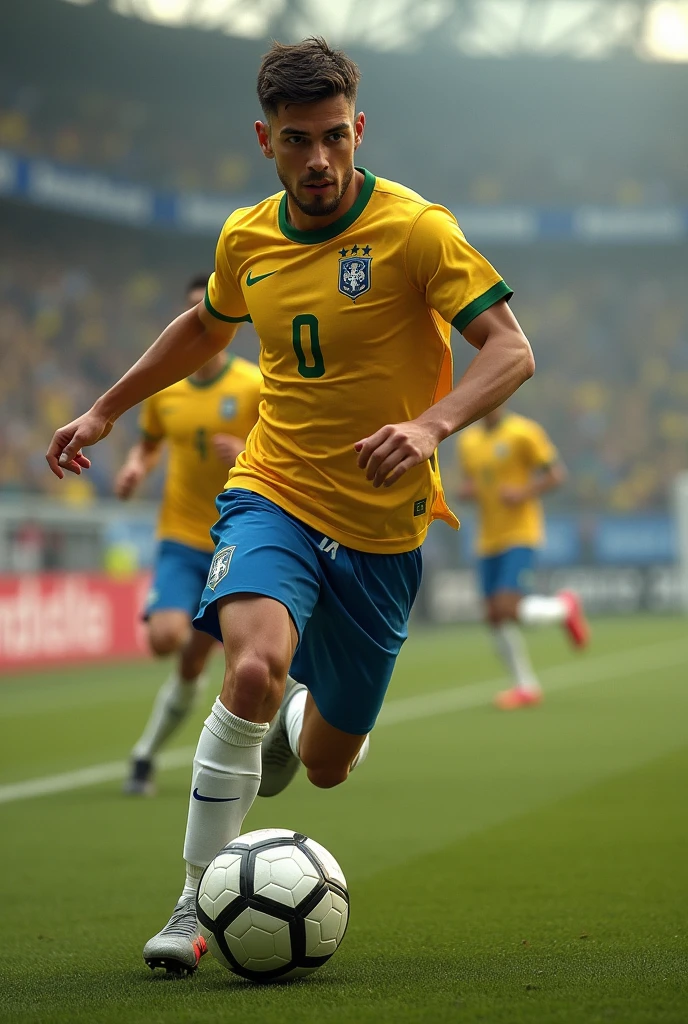 Soccer player boy, handsome player, shorth hair, Scrawny, Paquetá's goatee, Caucasian skin.
