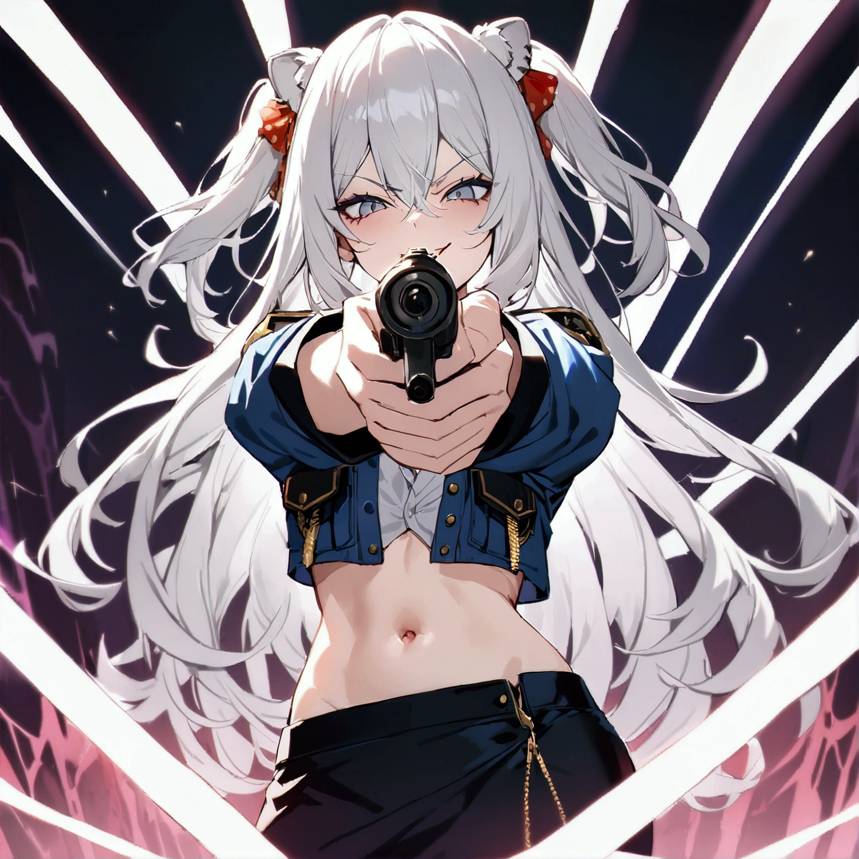 NSFW,masterpiece,Highest quality,High resolution,Super detailed,Shishirabotan\(Ho****ve\),Long Hair、Two Side Up,(((police costume))),navel,pencil skirt,evil smile,aiming pistol