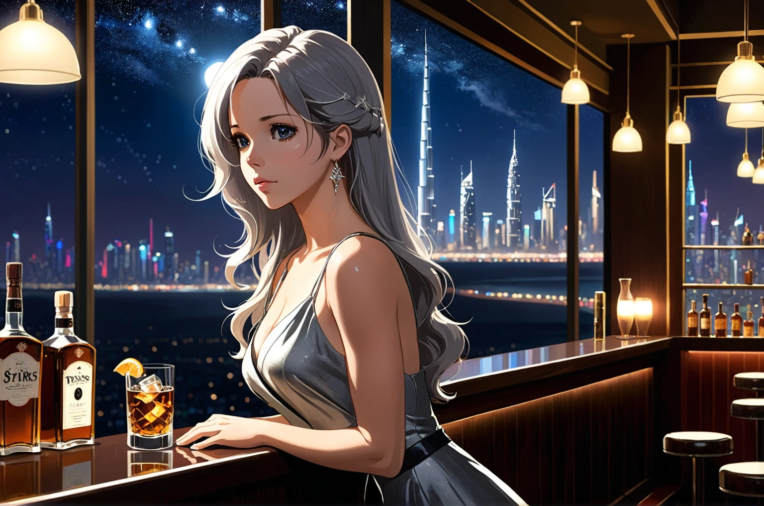 Uses Makoto Shinkai&#39;s depiction perfectly,Portrait of Kate Beckinsale,8k 4k masterpiece photos Dubai,A jazz bar with a glass ceiling,The twinkling stars can be seen through the glass windows.,It&#39;s a dark night outside,Jazz is playing,Close-up of profile,Beautiful in profile,Long Hair,Silver Hair,Look in a different direction,Standing alone at the counter,A small glass of whiskey in front of me１There are、tight fitting tank top dress,The bust is large