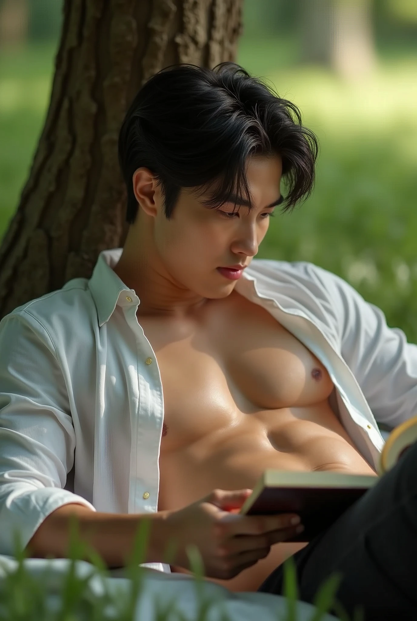 photorealistic, best quality, masterpiece, extremely detailed, sexy, homoerotic, extremely handsome, 30 year old muscular korean man, fair skin, (((muscular bodybuilder))), (((massive thighs))), wearing unbuttoned shirt, lying down under a tree, reading a book, smiling, extremely romantic atmosphere, perfect face, perfect fingers, perfect hands, perfection