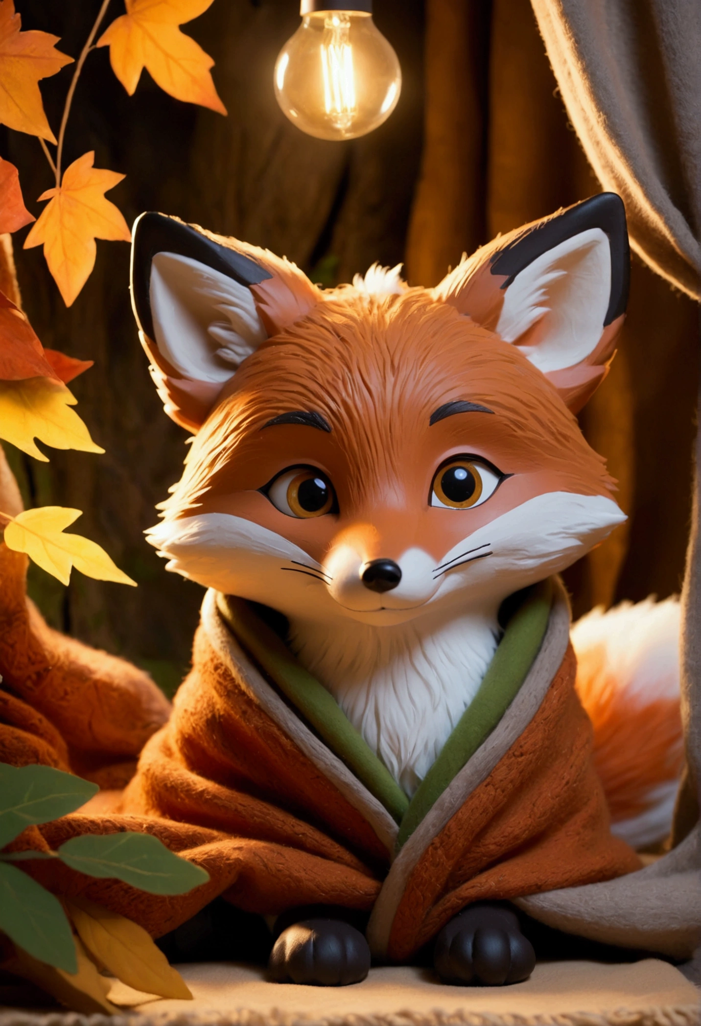 A warm and inviting den with soft, glowing light. Inside, a small fox, named Finn, with bright eyes and a bushy tail, is preparing for bed. The den is decorated with leaves and cozy blanket