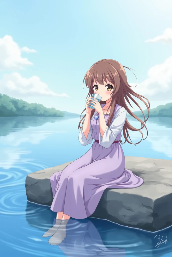 An anime girl with brown hair wearing a light purple dress with long white sleeves, drinking water with a water background, sitting on a large rock.